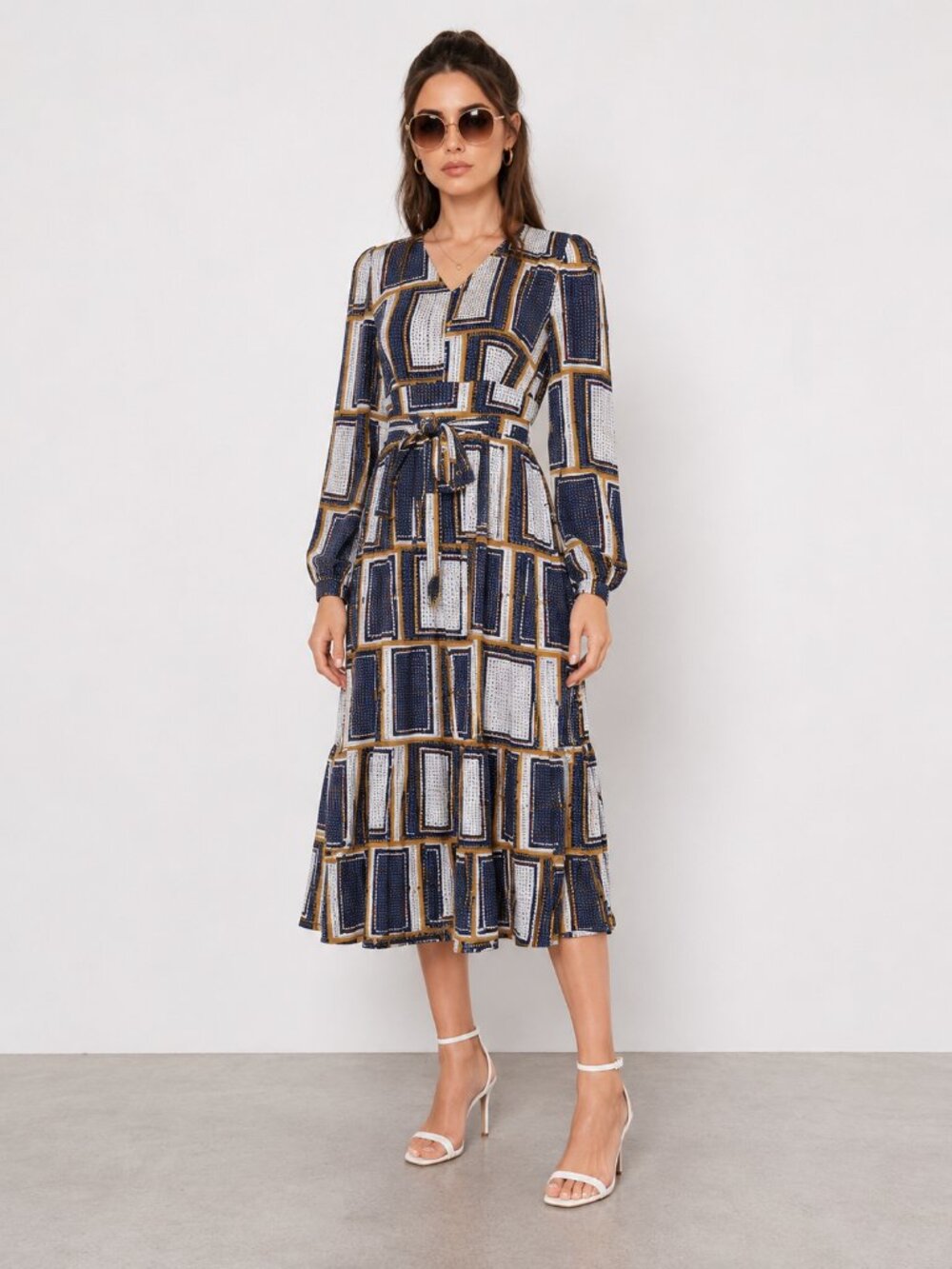 Blue Mustard Geometric Print Midi Dress V Neck Tie Waist NWT
